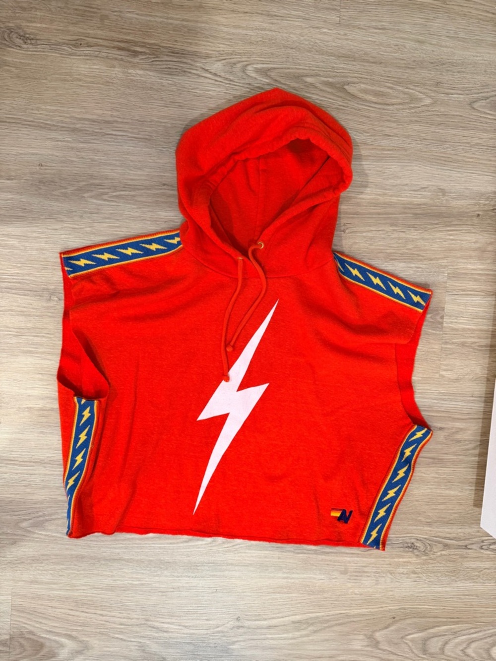 Aviator Nation Red Hooded Sleeveless Sweater with White Lightning Bolt